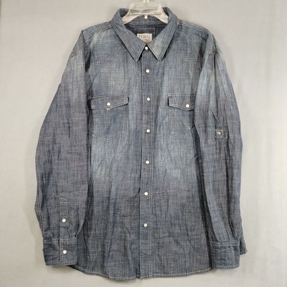 PD&C Men's 2XL Shirt Denim Button Up Pearl Snap Gray Cotton Western Cowboy‎